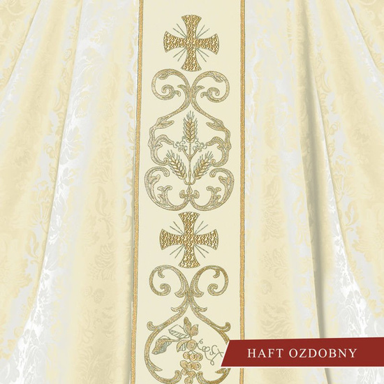 Ecru ornat liturgiczny zdobiony haftowanym pasem 