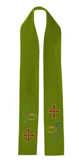 Zielona stuła kapłańska haftowana "Ryba Chleb Krzyż" 