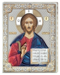 Srebrna ikona Jezus Pantokrator w kolorze