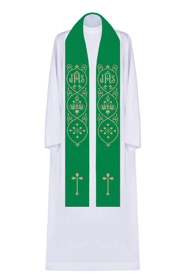 Stuła z symbolem JHS, krzyżami i ozdobnikami