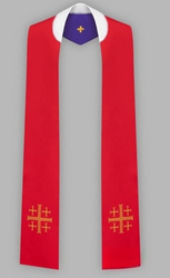 Stuła haftowana z krzyżem jerozolimskim - szeroka dwustronna (czerwona i fioletowa)