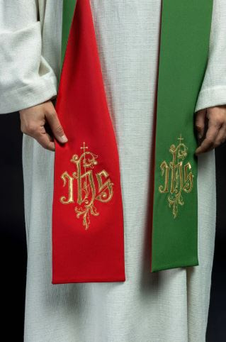 Stuła Dwustronna Haftowana IHS zielono-czerwona