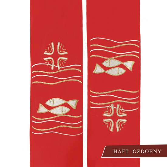 Czerwona stuła kapłańska haftowana "Ryby" 