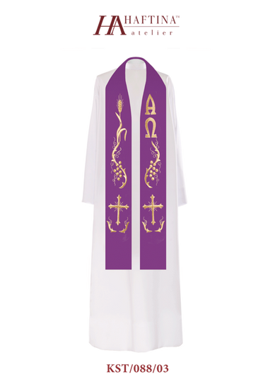 Fioletowa stuła kapłańska bogato haftowana "Alfa i Omega"