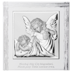 Srebrny obrazek z wizerunkiem Aniołka z latarenką na białym, zdobionym drewnie, z dedykacją