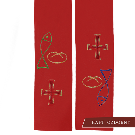 Czerwona stuła kapłańska haftowana "Ryba Chleb Krzyż" 