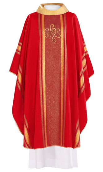 Czerwony ornat haftowany z symbolem IHS ze złoceniami 