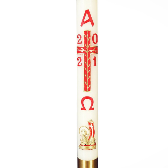 Paschał biały krzyż czerwony z aplikacją baranek złoty 3,5 kg