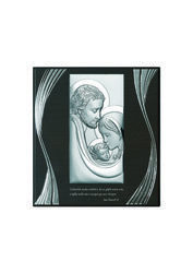 Srebrny obrazek z wizerunkiem Św. Rodziny z cytatem na panelu ze zdobieniami