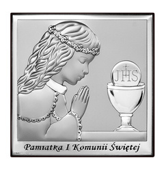 Srebrny obrazek na pamiątkę I Komunii Św. Z dziewczynką z podpisem, kwadratowy