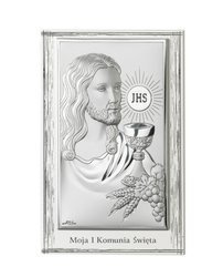 Srebrny obrazek na pamiątkę I Komunii Św. z Jezusem i Hostią na białym drewienku z podpisem