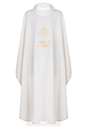 Ecru ornat haftowany z motywem kielicha, chleba i ryb