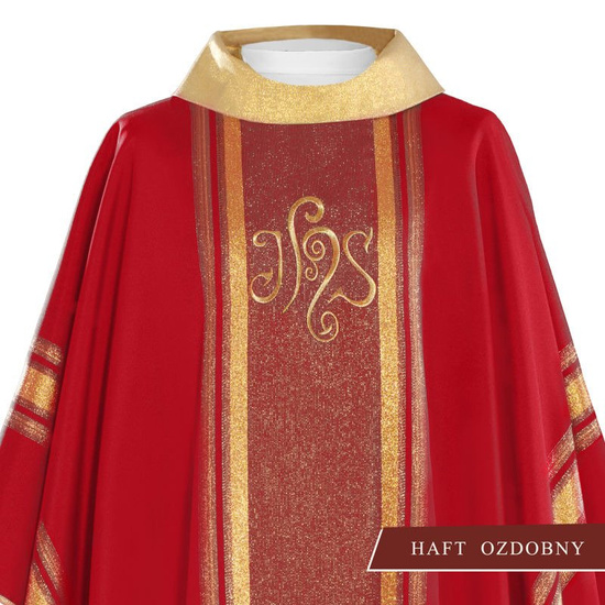 Czerwony ornat haftowany z symbolem IHS ze złoceniami 