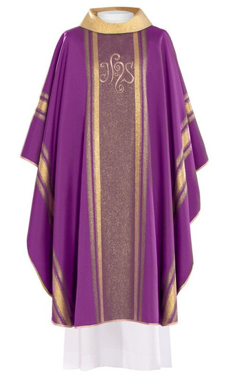 Fioletowy ornat haftowany z symbolem IHS ze złoceniami 