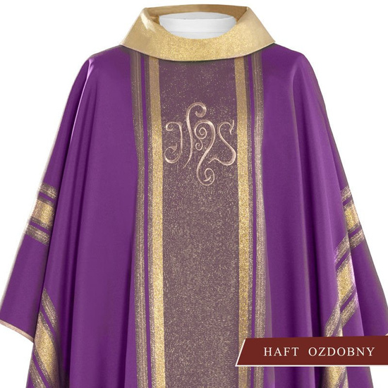 Fioletowy ornat haftowany z symbolem IHS ze złoceniami 