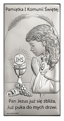 Srebrny obrazek na pamiątkę I Komunii Św. z dziewczynką, prostokątny