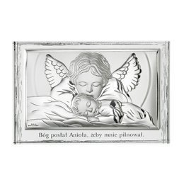 Srebrny obrazek Aniołek całujący śpiące dziecko na białym drewienku z podpisem, prostokątny