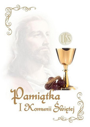 Pamiątka I Komunii Świętej - biała Jezus z kielichem IHS