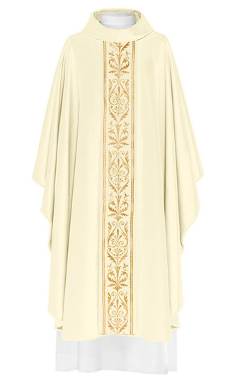 Ecru ornat liturgiczny zdobiony pasem haftowanym 