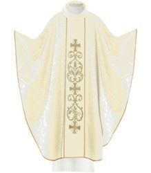 Ecru ornat liturgiczny zdobiony haftowanym pasem