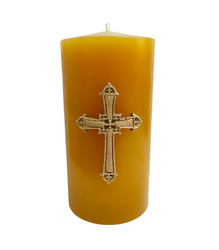 Świeca woskowa, niska, gruba, brązowa z aplikacją