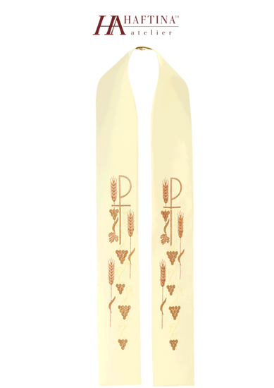 Ecru stuła kapłańska haftowana "Krzyż z winogronami" 