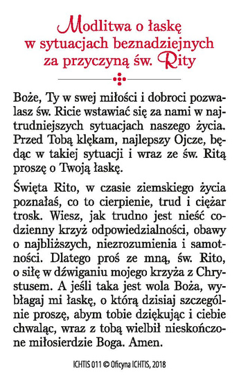 Obrazek plastikowy Święta Rita z modlitwą o łaskę w sprawach beznadziejnych