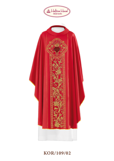 Czerwony ornat haftowany "Serce Pana Jezusa, symbol PAX"  