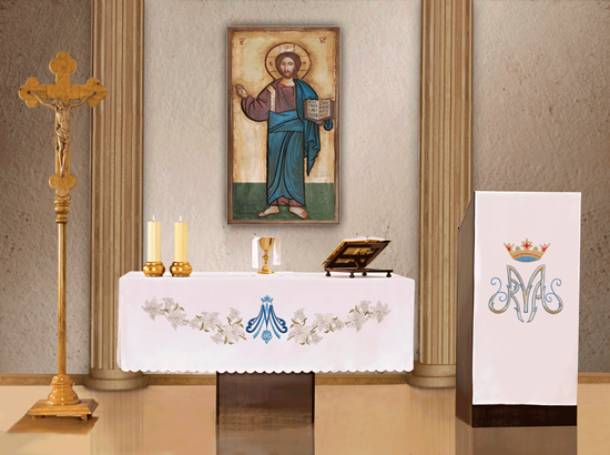 Obrus ołtarzowy z haftem czołowym Maryjnym 