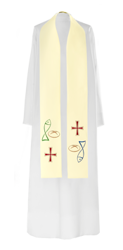 Ecru stuła kapłańska haftowana "Ryba Chleb Krzyż"