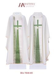 Ecru ornat liturgiczny z symboliką ryby i krzyża