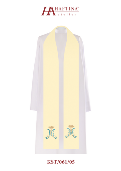 Ecru stuła haftowana z symbolem Maryjnym 