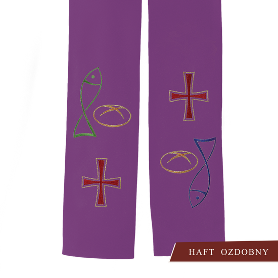 Fioletowa stuła kapłańska haftowana "Ryba Chleb Krzyż"