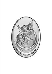 Srebrny obrazek z wizerunkiem Aniołka z latarenką, owalny z podpisem" Pamiątka Chrztu Świętego"