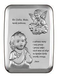 Srebrny obrazek z wizerunkiem modlącego się dziecka