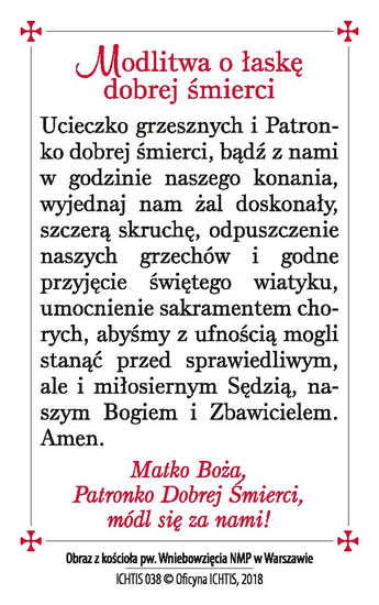 Obrazek plastikowy z modlitwą Matka Boża Dobrej Śmierci