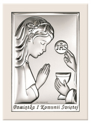 Obrazek na pamiątkę I Komunii Św. z dziewczynką na białym drewienku