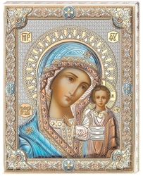 Srebrna ikona z wizerunkiem Matki Boskiej Kazańskiej w kolorze
