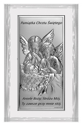 Srebrny obrazek Aniołki nad dzieckiem z podpisem, prostokątny na białym zdobionym drewnie