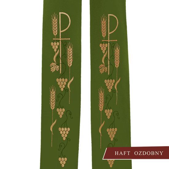 Zielona stuła kapłańska haftowana "Krzyż z winogronami" 