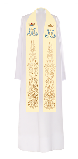 Ecru stuła haftowana Maryjna z koroną