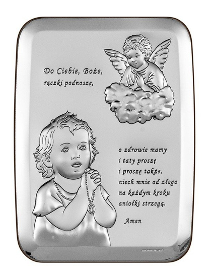 Srebrny obrazek z wizerunkiem modlącego się dziecka
