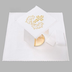 Bielizna kielichowa ołtarzowa wykończona koronką krzyż złoty z liścmi