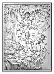 Obrazek z wizerunkiem Anioła Stróża nad bawiącymi się dziećmi na skale