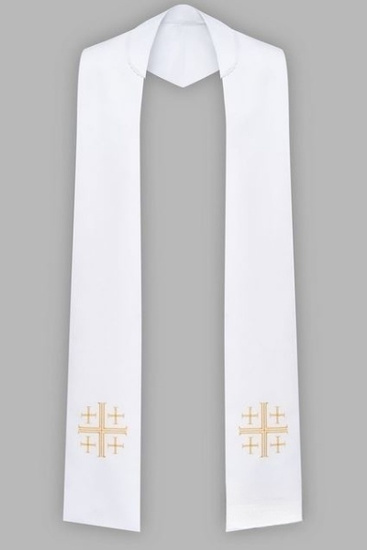 Stuła haftowana z krzyżem jerozolimskim - szeroka jednostronna (biała)