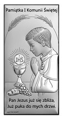 Srebrny obrazek na pamiątkę I Komunii Św. z chłopczykiem, prostokątny