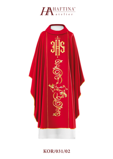 Czerwony ornat haftowany  z symbolem IHS 