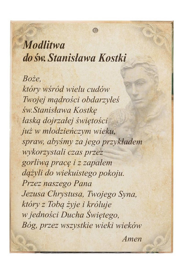 Obraz na tekturze introligatorskiej - św. Stanisław Kostka (z modlitwą)