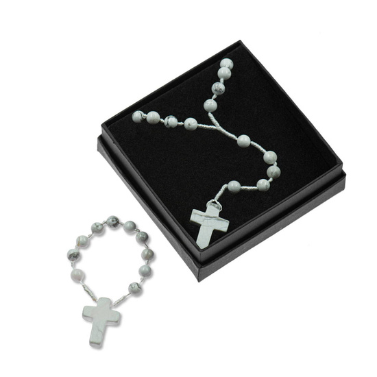 Zestaw - różaniec - dziesiątek różańca - biały turkus - kamień naturalny - White Howlite Turquise - zapinanie - Pietra