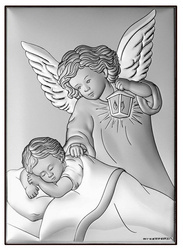 Srebrny obrazek z wizerunkiem Jezusa na brązowym drewnie